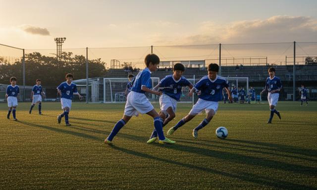 松阪市のグラウンドで中高生サッカー選手が夕方の試合に臨む様子