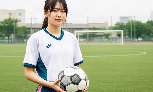 三重県の女子サッカー選手が学校のグラウンドでボールを持つ姿